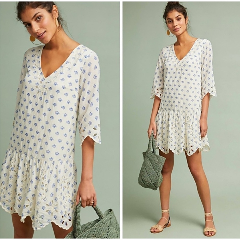 WB10 Anthropologie Meadow Dress‎ White Blue Floral Eyelet Drop Waist Mini Dress